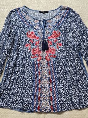 Calessa Blue 3/4 Tunic Embroidered Bib Tie Neck Women's Size Large